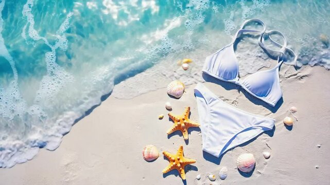 Women's stylish white bikini swimsuit and shells lie on the sand, on the seashore. Sea waves, vacation, beach holiday, fashion, marine style, Top view. Video 4K