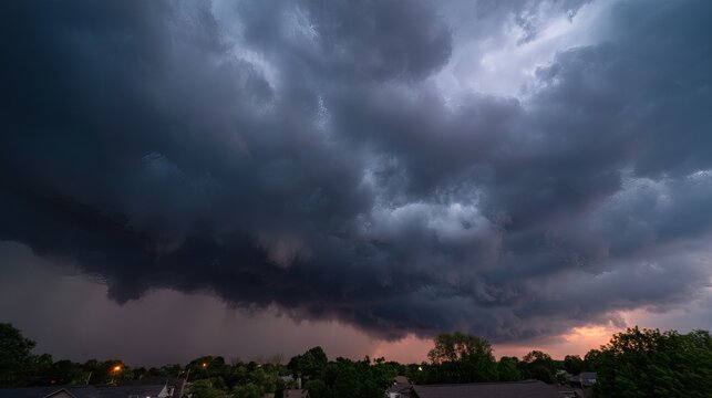 Massive derecho storm clouds rolling over landscape during severe weather outbreak