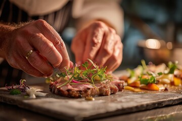Mansaf, Jordanian lamb dish served on wooden platter. Concept of preparation involving Mansaf highlights culinary skill and focus of chef in warm, soft lighting.