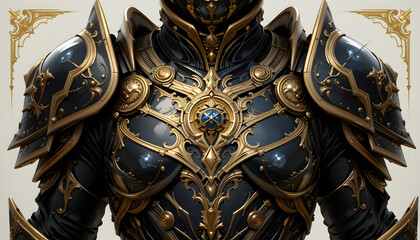 Fototapeta premium Title: Fantasy Knight Armor with Blue Gemstone and Gold Detailing – Ornate Ceremonial Suit on Dark Background