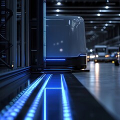 Obraz premium Futuristic Autonomous Delivery Vehicle in a Modern Warehouse