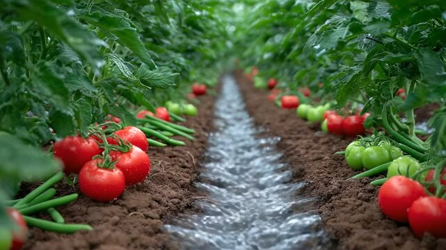 A greenhouse aisle filled with rows of ripe vegetables