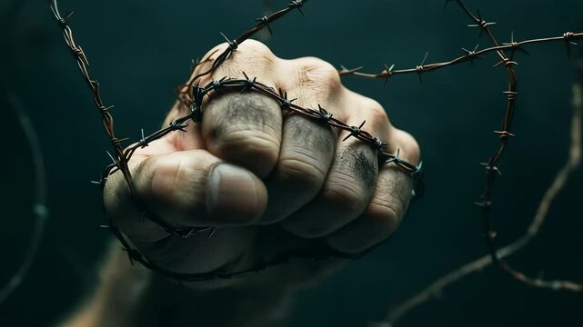 A hand power fist gesture with barbed wired wrapping around the arm and wrist on dark background	
