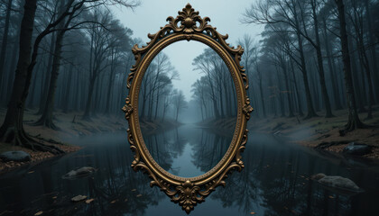 An ornate oval mirror reflects a misty forest path and river, creating a sense of mystery and introspection.
