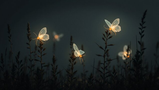 Glowing insects on plants at night creating a magical atmosphere