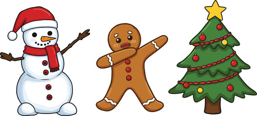 Christmas Winter Holiday Elements Set, Featuring Snowman, Gingerbread Man, and Decorated Tree for Festive Designs