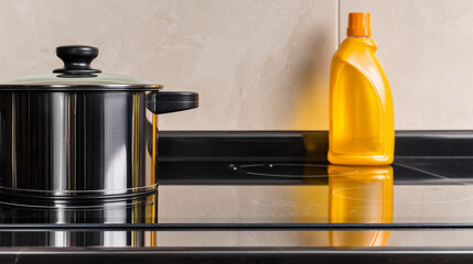 Clean kitchen countertop with electric cooker and detergent bottle, showcasing modern simplicity and efficiency.