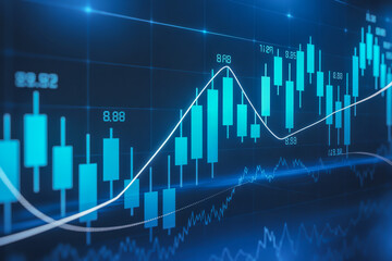 Naklejka premium Futuristic Blue Digital Candlestick Chart with Cyan Trends and Glowing White Analytics on Dark Background