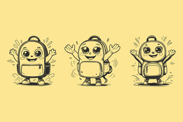 Cute Cartoon Backpack Character with Happy Face – Black and White Line Art Sketch Illustration
