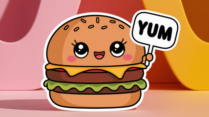 Cute kawaii burger character holding yum speech bubble on colorful background