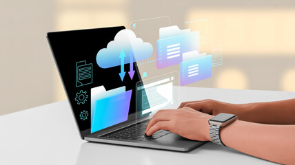 Futuristic Digital Workspace Cloud Computing Holograms Over Laptop with Smartwatch, Data Icons, and Golden Bokeh Tech Atmosphere