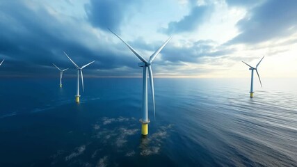 A large wind turbines on the sea with cloudy, Wind turbines are in the ocean, Green energy concept	 - Powered by Adobe