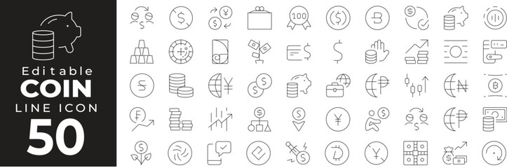 Coin set of web icons in line style. Currency and finance linear icon collection. Containing dollar, euro, bitcoin, money stack, savings, wallet, payment, investment and more. Editable stroke