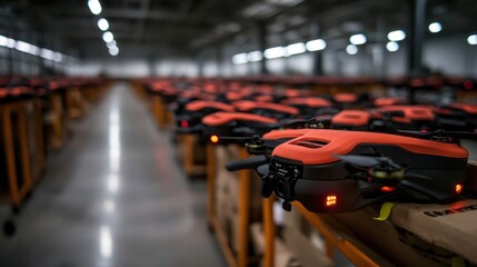 Obraz premium A row of advanced drones awaits deployment in a dimly lit warehouse, showcasing cutting-edge technology and innovation in logistics and automation for future endeavors.