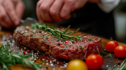Juicy, bright beef steak cooked by professional chefs with a beautiful presentation