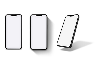 Realistic smartphone mockup. Mobile phone display, Blank screen frame and black smartphones, Phone mockup set with different angles, Isolated on white background