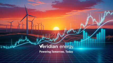 Futuristic Wind Farm at Sunset with Holographic Financial Data Overlay – Cyberpunk Business Aesthetic