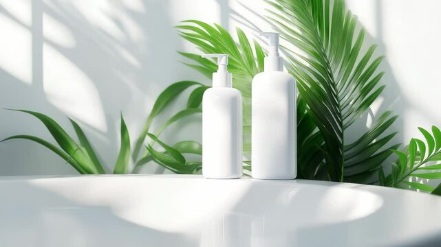 Mockup of white cosmetic lotion bottle placed on the bathtub