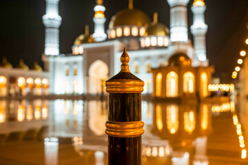 Obraz premium Golden Ornate Pillar in Focus with Blurred Traditional Mosque Illuminated by Warm Bokeh Lights at Night