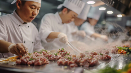 A group of chefs from China cook national dishes in a professional kitchen