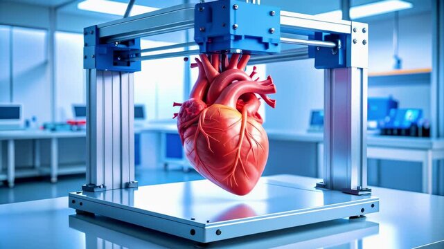 3D printed human heart model emerging from printer in clinical lab, showcasing medical innovation and organ bio printing