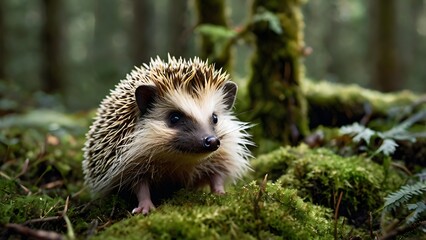 Naklejka premium Adorable hedgehog exploring mossy forest floor, close-up view