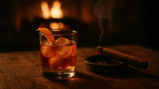 Enjoying a handcrafted cocktail by the fireplace with a cigar on a cozy evening
