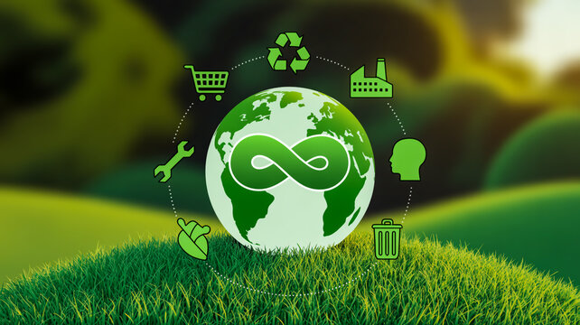 Green Infinity Globe on Grass with Eco Icons, Dotted Connections, and Soft Bokeh Background – Sustainability Theme