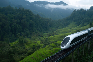 High-speed train running among rice terraces