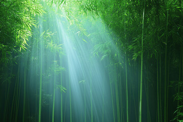 natural background of bamboo grove, sun rays visible in morning haze