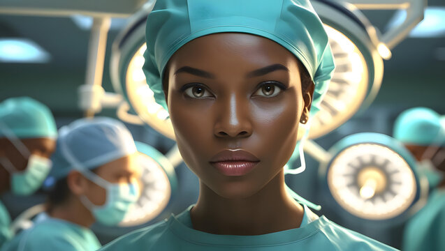 A focused African American woman surgeon in a teal cap, embodying resilience on World Health Day and National Heroes Day