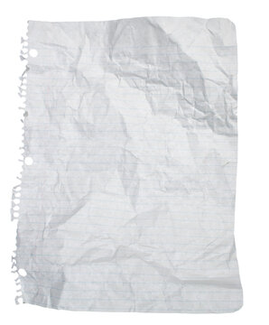A sheet of wrinkled paper torn from a spiral notebook on a transparent background.
