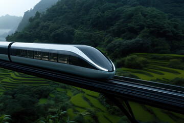 futuristic high-speed train running among rice terraces