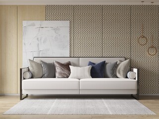 Mockup of a fashionable living room with a classic comfortable sofa and an original decorative background, 3D rendering.