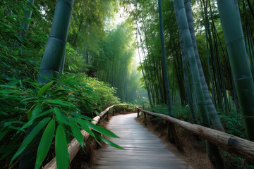 wooden path with railings leads through a bamboo grove