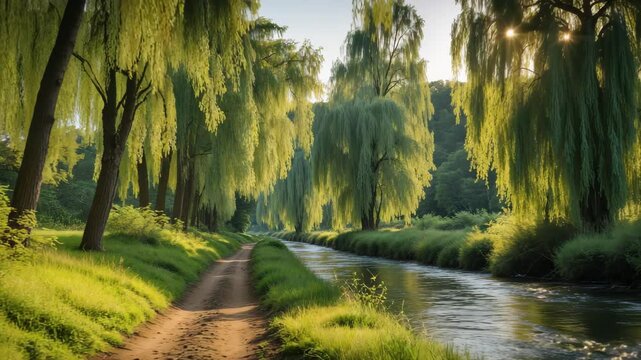 Sunlit Riverbank Trail Beneath Towering Willows in Serene Nature