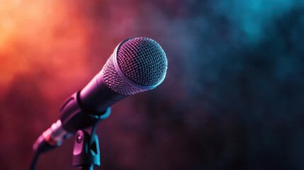 A close-up shot of a microphone against a vibrant, colorful backdrop, highlighting its design and texture that energizes expressiveness in music and performance.