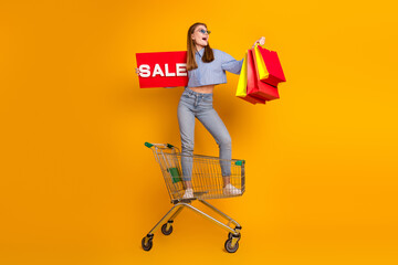 Cheerful young woman holding shopping bags and sale signage in a shopping cart with a yellow...