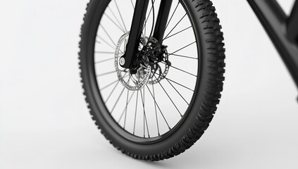 Close-Up of Black Mountain Bike Front Wheel and Spokes on White Background – Ideal for Product Design and Packaging