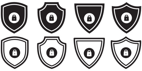 Shield with lock symbol. Secure Padlock Shield Icon Sets, shield security padlock icon, digital protection lock icon, encrypted shield padlock vector, cyber security shield icon. 