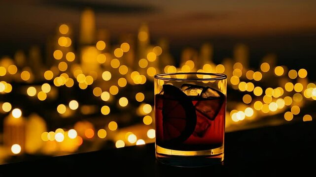 Enjoying a sunset cocktail with city skyline views and warm bokeh lights in the background