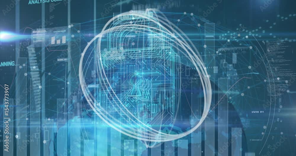 Poster lock icon emerging triggers rings orbiting and charts fading while beam sweeping and securing data