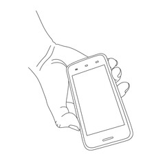 Hand holding smartphone, line art vector illustration