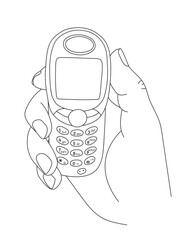 Hand holding a mobile phone, line art vector illustration