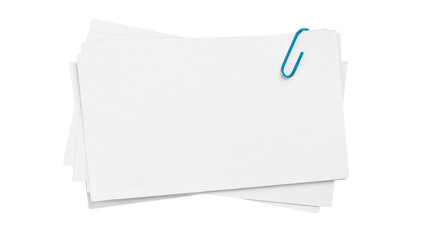 Stack of blank white paper cards neatly held together by a vibrant blue paperclip on a clean, light...