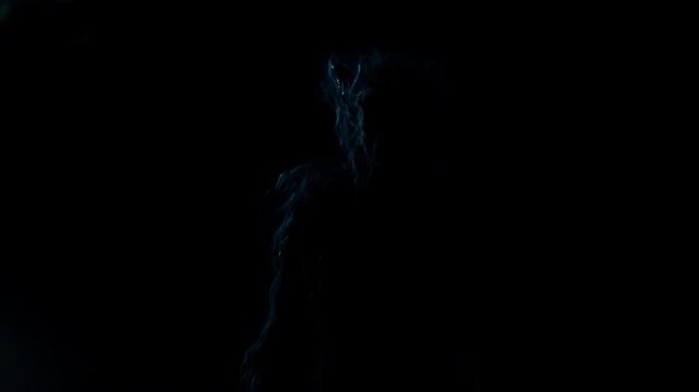 Mysterious smoke embraces dark figure in eerie transformation sequence