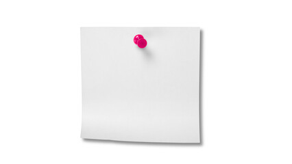  Blank white note paper secured with a bright pink push pin against a soft, light background, ideal...