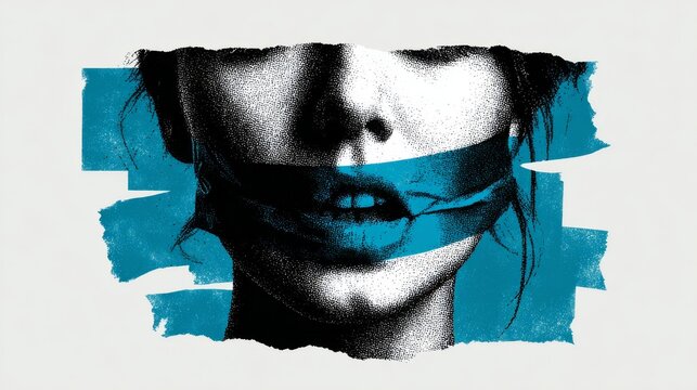 Mouth of a woman covered with a turquoise strip on a white background symbolizing censorship.
