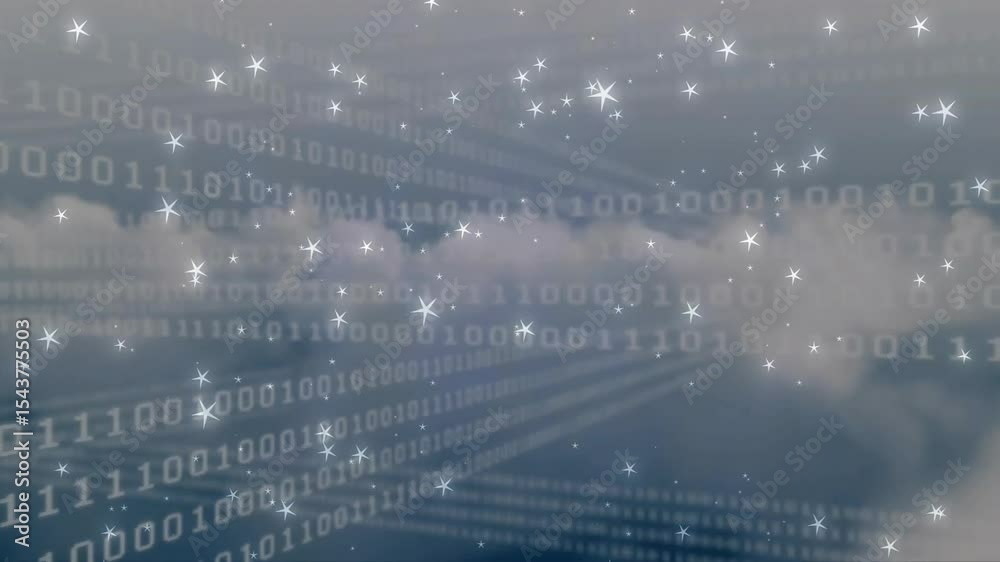 Poster sparkles appearing over scrolling code with rays emerging and clouds shifting showing data exchange
