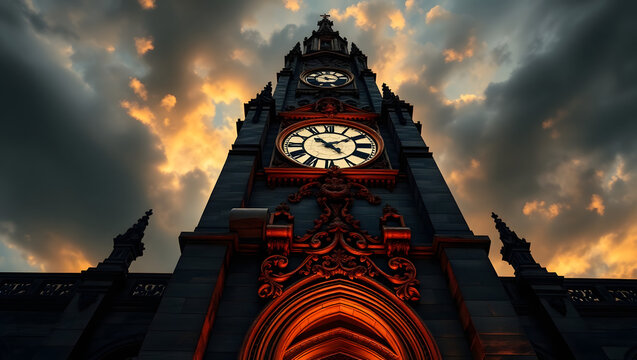 Gothic Clock Tower Dark Dramatic Sky